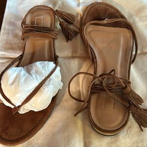 Aquazzura thong sandal size 9.5 with lace up ankle and fringe detail